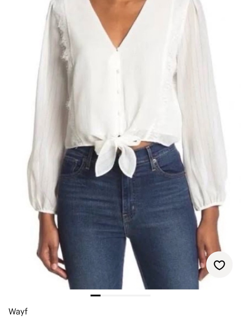 Wayf White Tie-Front V-Neck Blouse with Sheer Long Sleeves